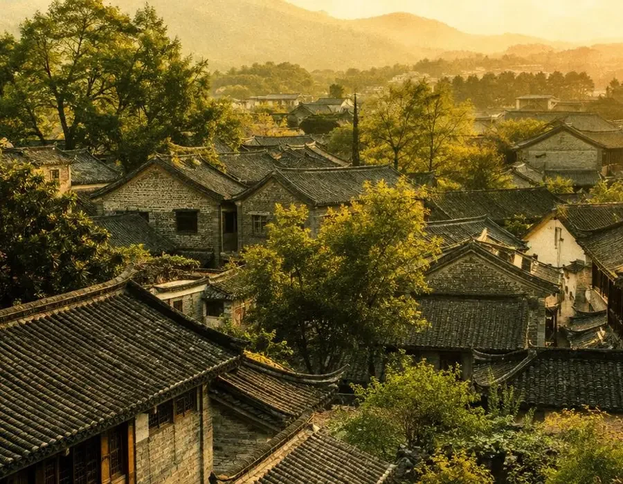 AI片在线 平台介绍 AI片在线 平台介绍 - 江南小镇青砖屋顶与暖阳